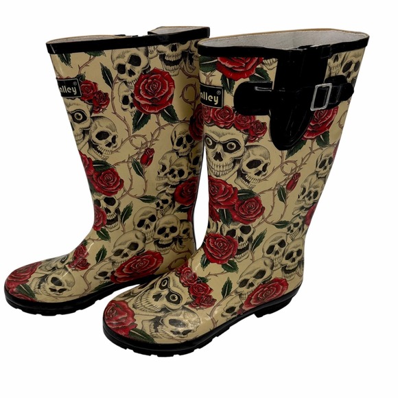 Wyre Valley Shoes - Wyre Valley Skull Rose Gothic Rain Boots Women's 8 Punk Alt Rubber